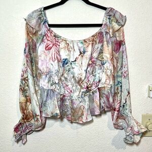 GUESS Azura Off-Shoulder Ruffle Floral Long Sleeve Top